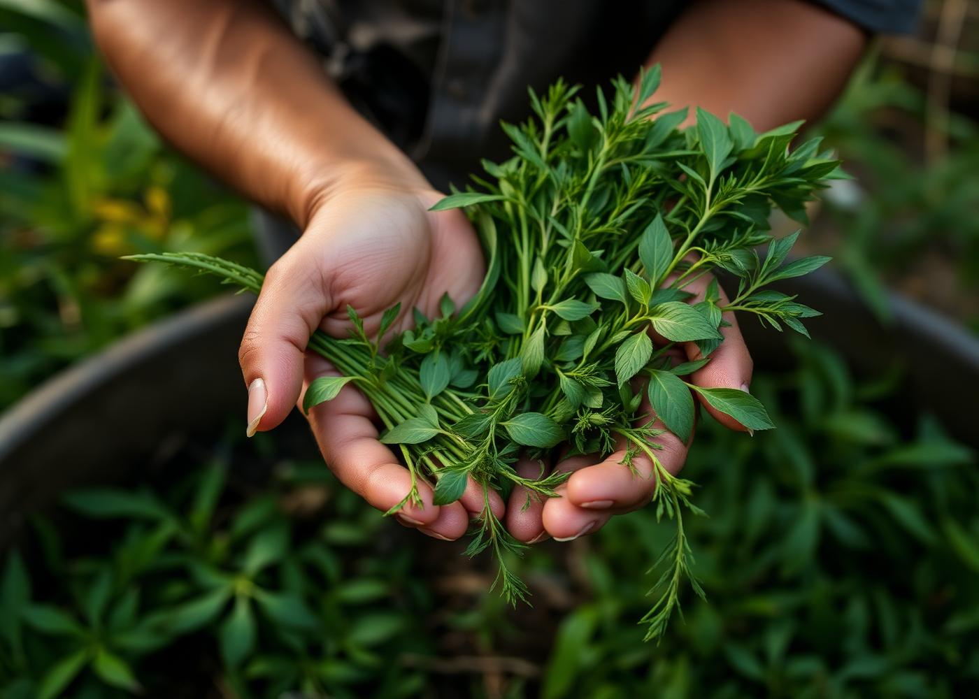 Freshly harvested botanicals held in hands — Indonesian aromatherapy tradition
